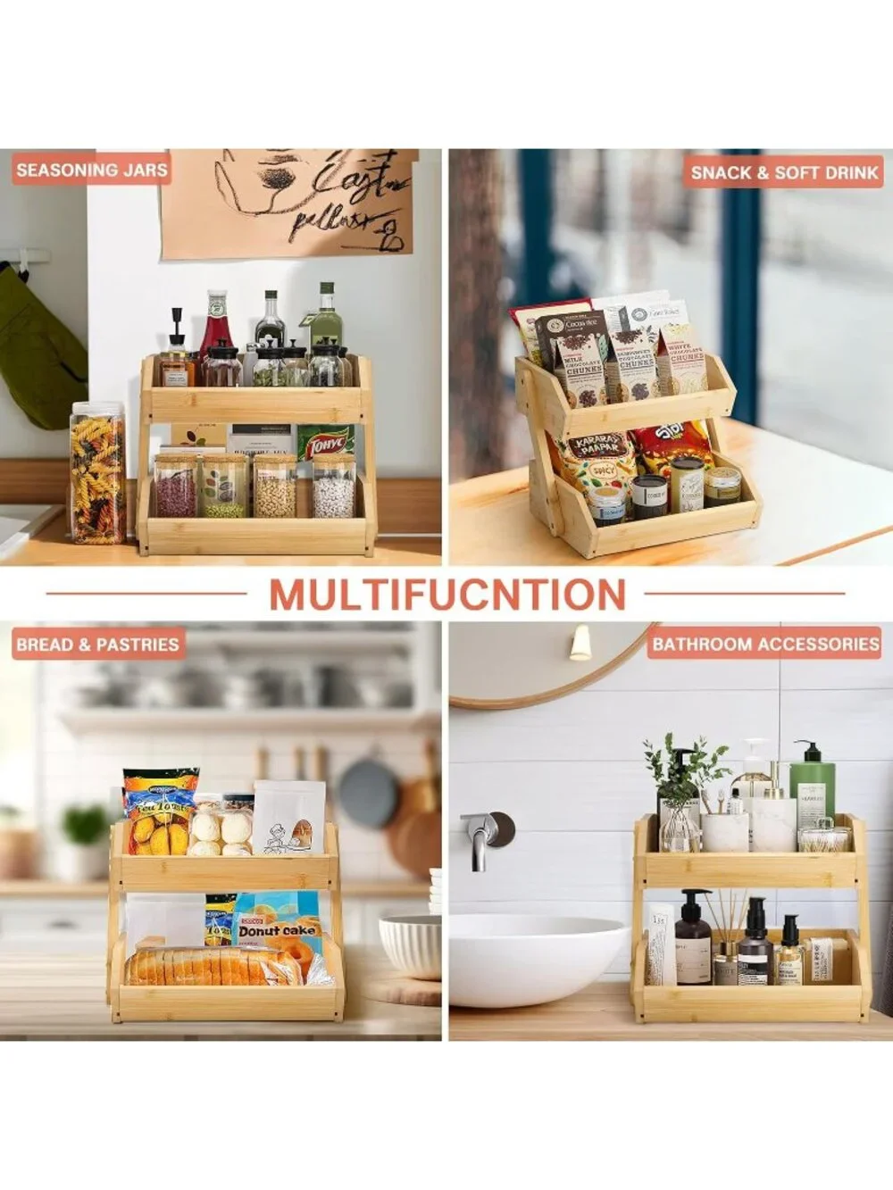 New Large Bamboo 2-Tier Fruit Basket 15 mm Thick Kitchen Counter Bowl Stand
